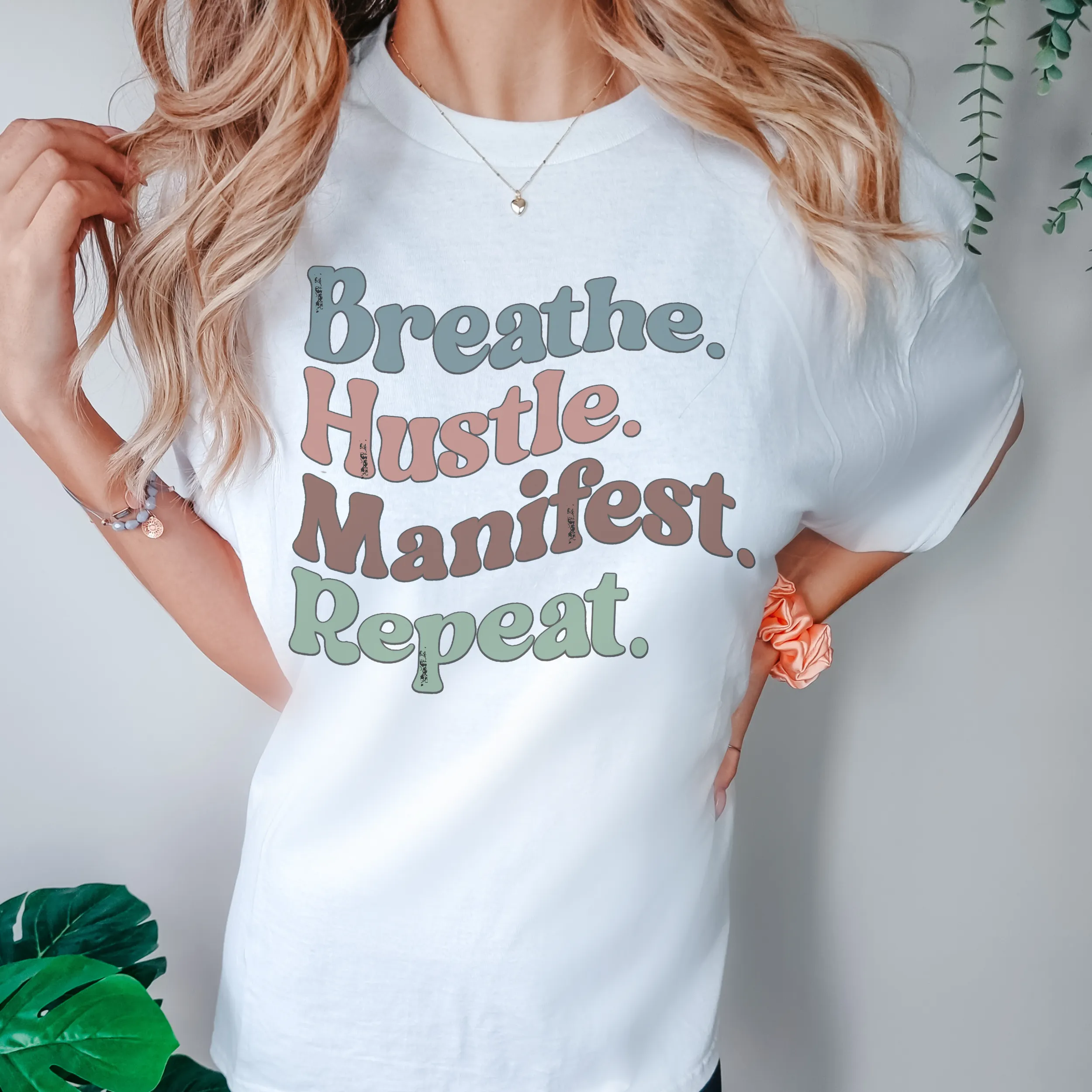 Breathe Hustle Manifest Repeat Tee, 70's Comfort Colors® T-shirt, Spring1970's Retro Design T-Shirt in Five Colors, Trendy Summer Seventies Tee