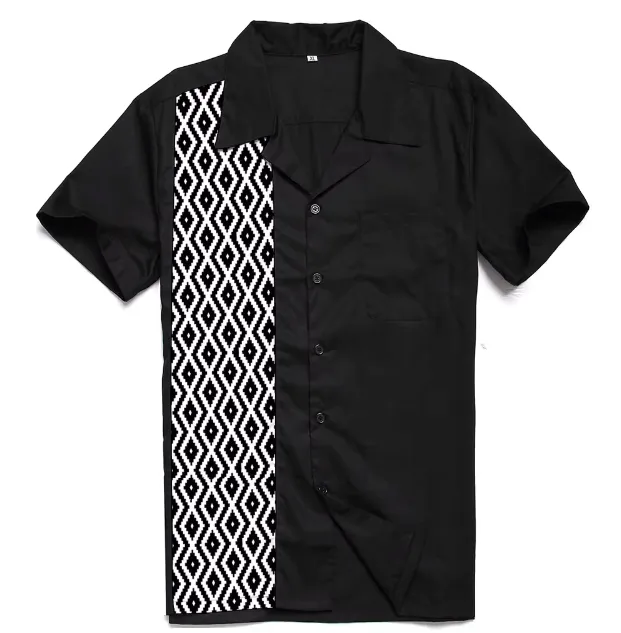 Mens Vintage Style Bowling Dress Shirt - Black/White Diamond