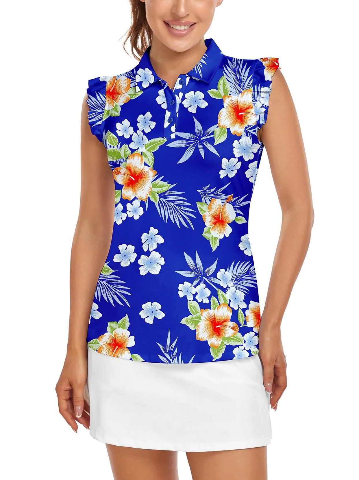 Soneven Ladies Golf Sleeveless Floral Athletic Polo Shirts-💃🏼SO® Flowers on Blue Background Ruffle Sleeve Shirts Button Closure Moisture Wicking Tennis Shirts